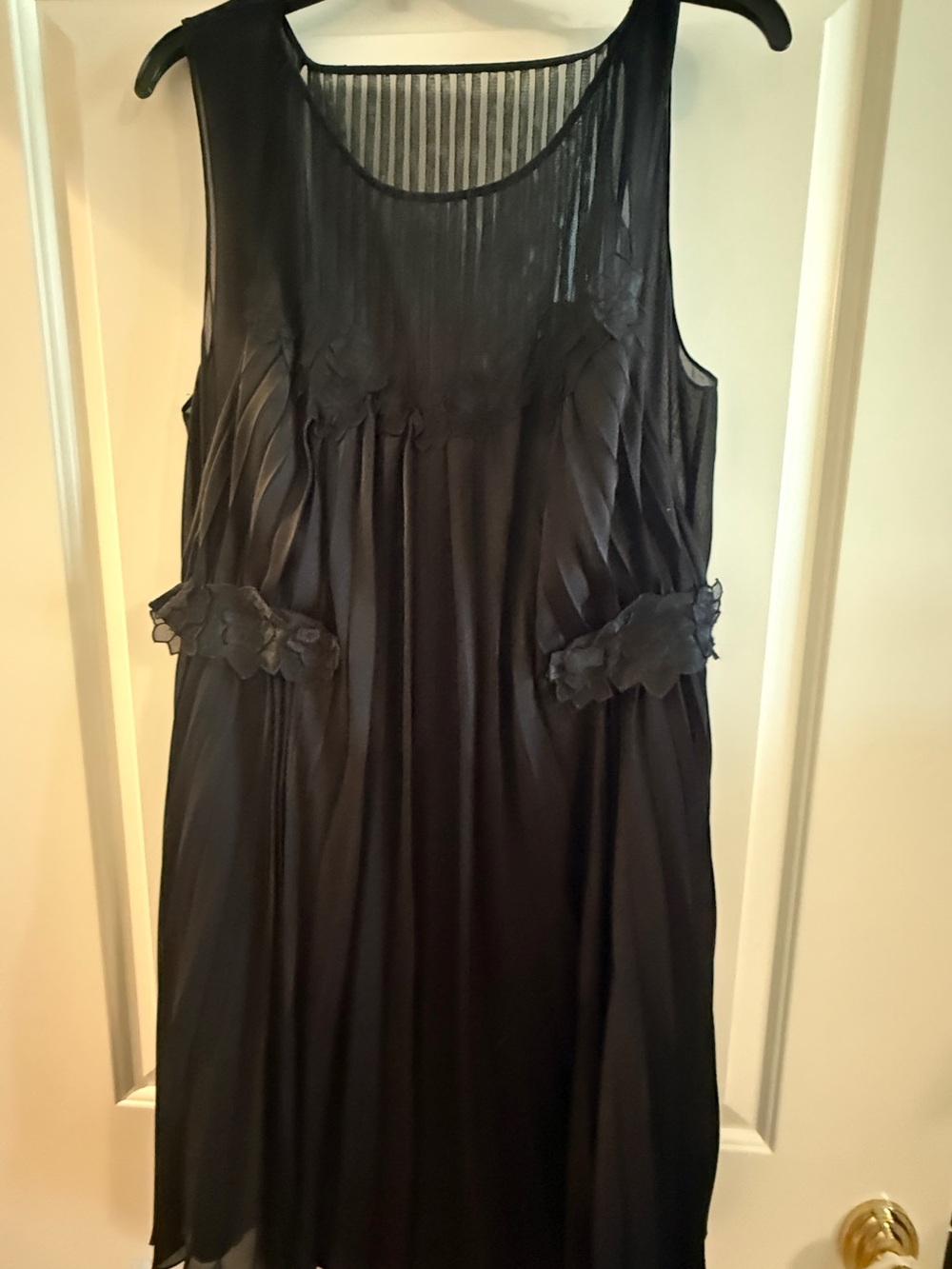 BCBGMaxAzria Black Sleeveless Midi Dress with Sheer Yoke and Floral Appliqués